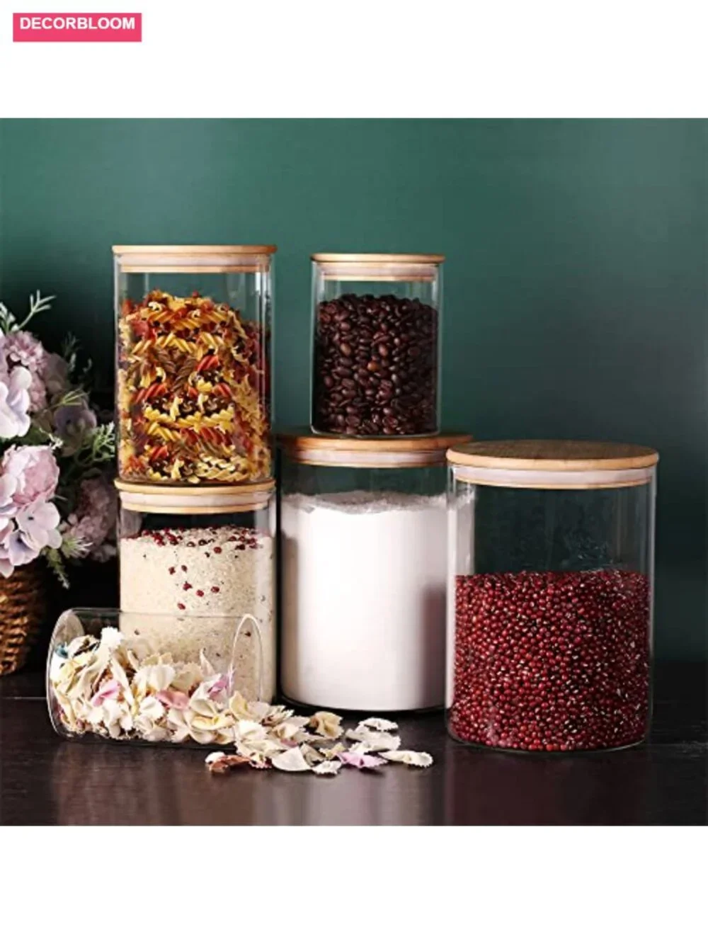 Set of 3 Glass Flour Sugar Containers with Airtight Bamboo Lids